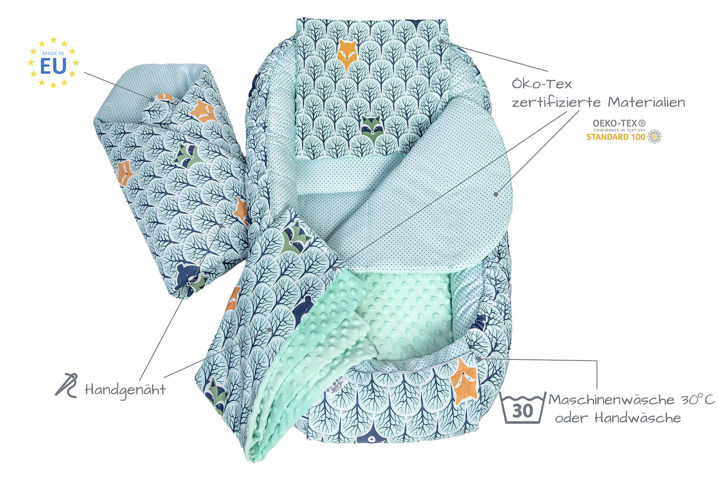 Medi Partners Babynest Nestchen Baby Set für Neugeborene - 100x60x15 Kuschelnest 5 teilig tragbar Nest zweiseitig Babynestchen Bett 100% Baumwolle (Lichtung mit grauem Minky)