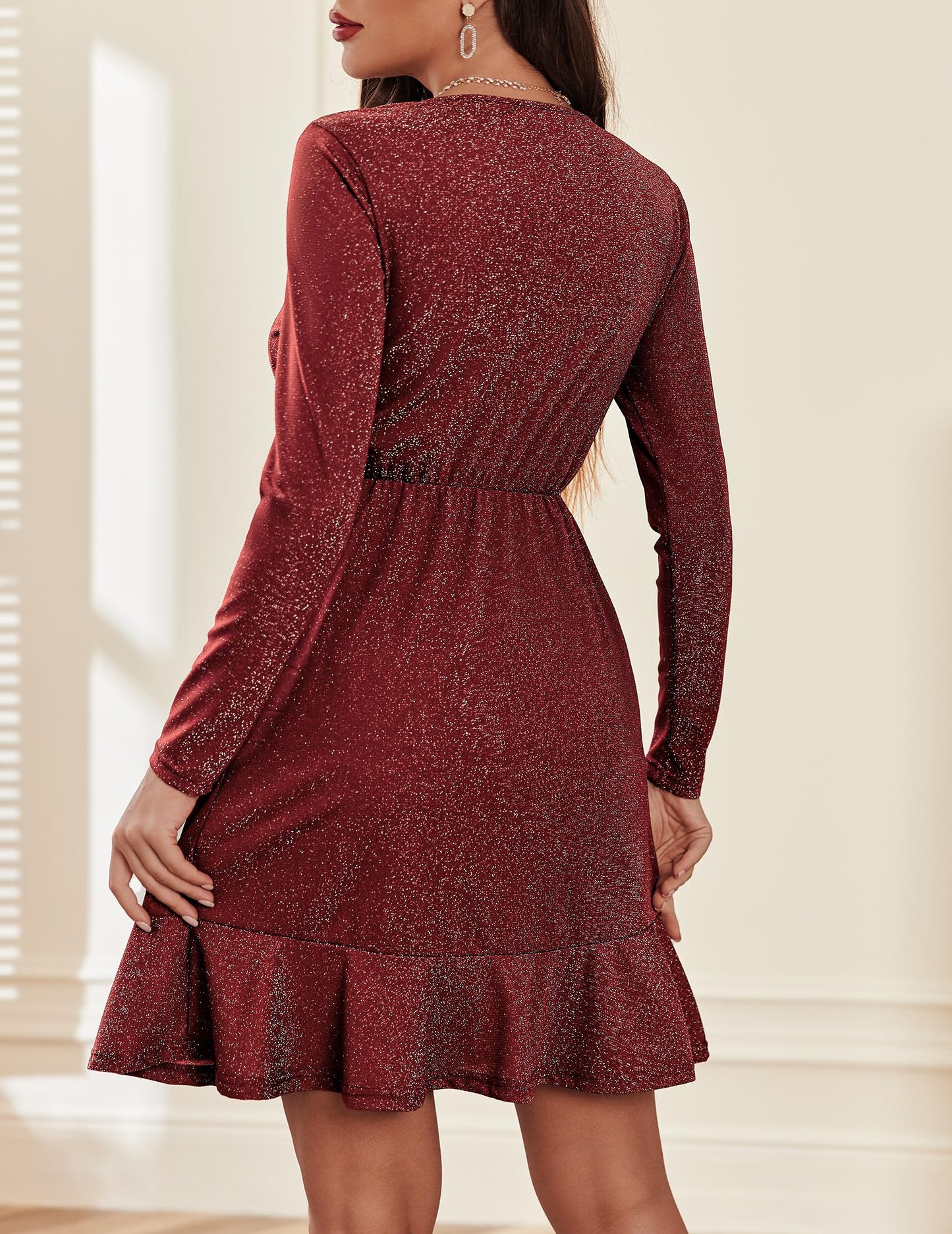 Zeagoo Kleid Damen Weihnachtskleid Elegant Winterkleid Festlich Paillettenkleid Langarm Partykleid V-Ausschnitt Rüschensaum Glitzerkleid Sparkly MidiKleid Cocktailkleid Ballkleid