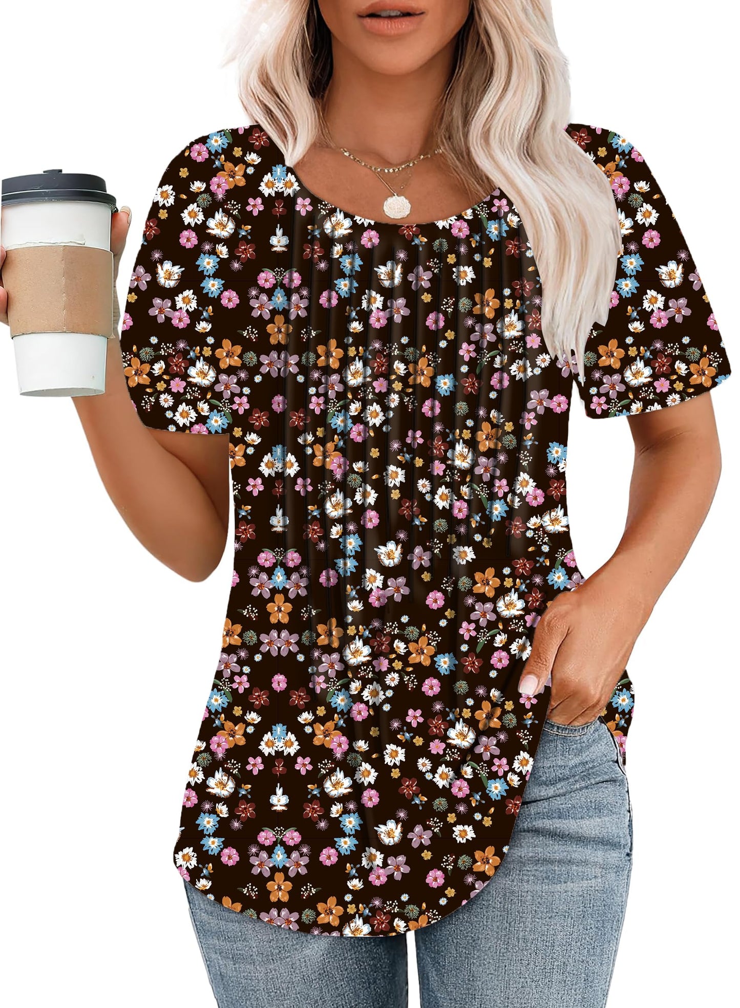 Cuptacc Tshirt Damen Rundhals Mit Falten Locker Puffärmel T-Shirt Elegant Kurzarm Geblümt/Einfarbig Top Damen