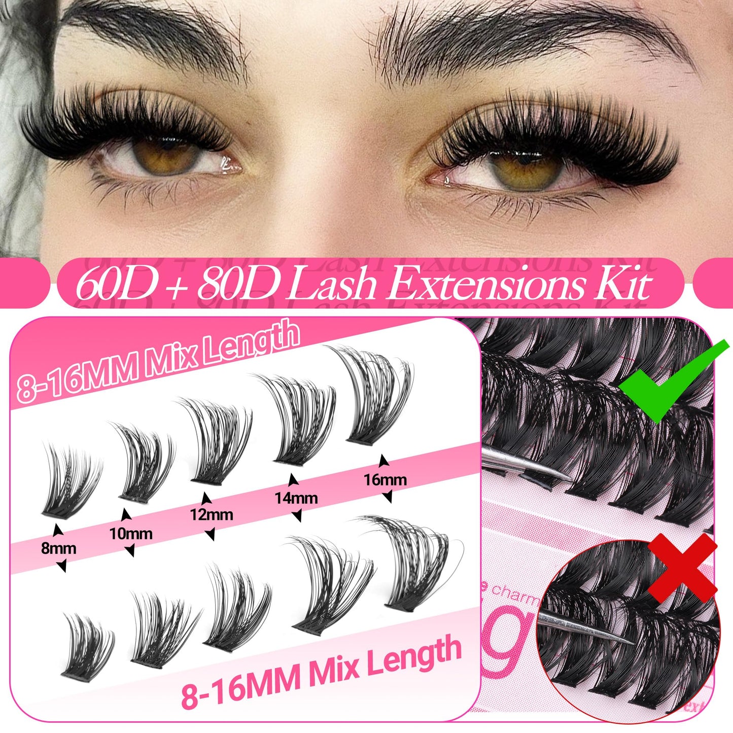 Wimpern Extensions Set Künstliche Wimpern Natürliche DIY Wimpernverlängerung Cluster Wimpern 16MM Individuelle Lashes Kit 40D Nerz Wimpern Fluffy mit Lash Bond und Seal Lash Tweezers