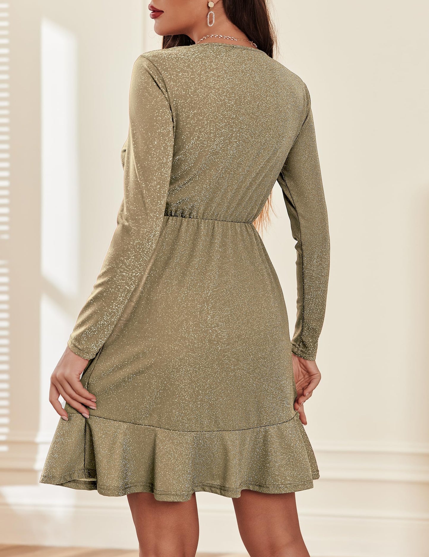 Zeagoo Kleid Damen Weihnachtskleid Elegant Winterkleid Festlich Paillettenkleid Langarm Partykleid V-Ausschnitt Rüschensaum Glitzerkleid Sparkly MidiKleid Cocktailkleid Ballkleid