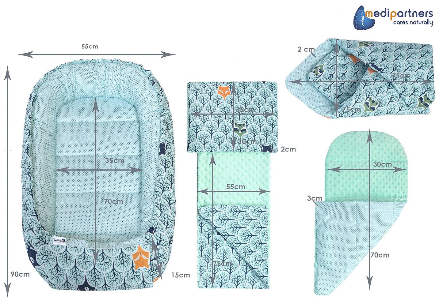 Medi Partners Babynest Nestchen Baby Set für Neugeborene - 100x60x15 Kuschelnest 5 teilig tragbar Nest zweiseitig Babynestchen Bett 100% Baumwolle (Lichtung mit grauem Minky)