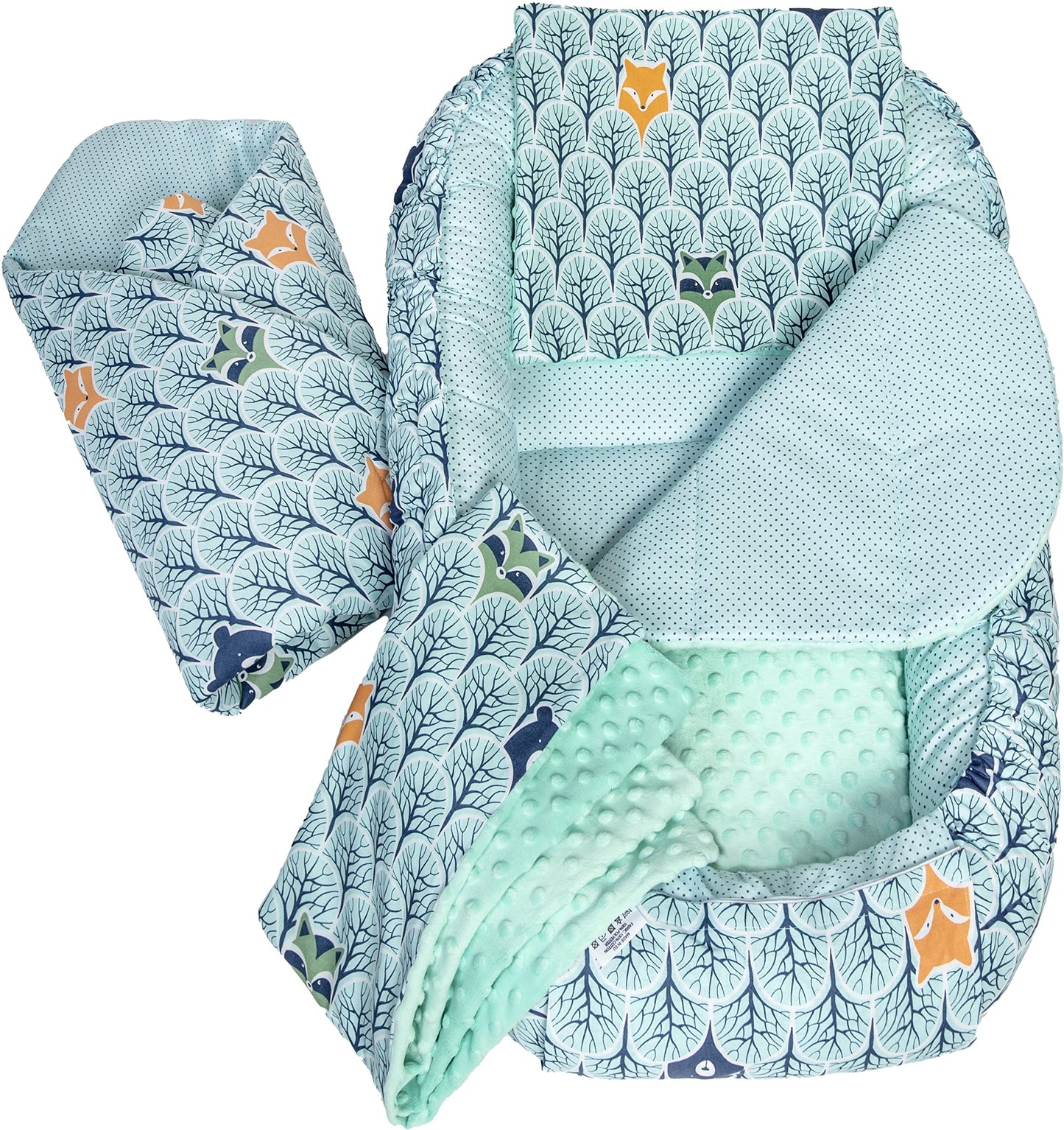 Medi Partners Babynest Nestchen Baby Set für Neugeborene - 100x60x15 Kuschelnest 5 teilig tragbar Nest zweiseitig Babynestchen Bett 100% Baumwolle (Lichtung mit grauem Minky)