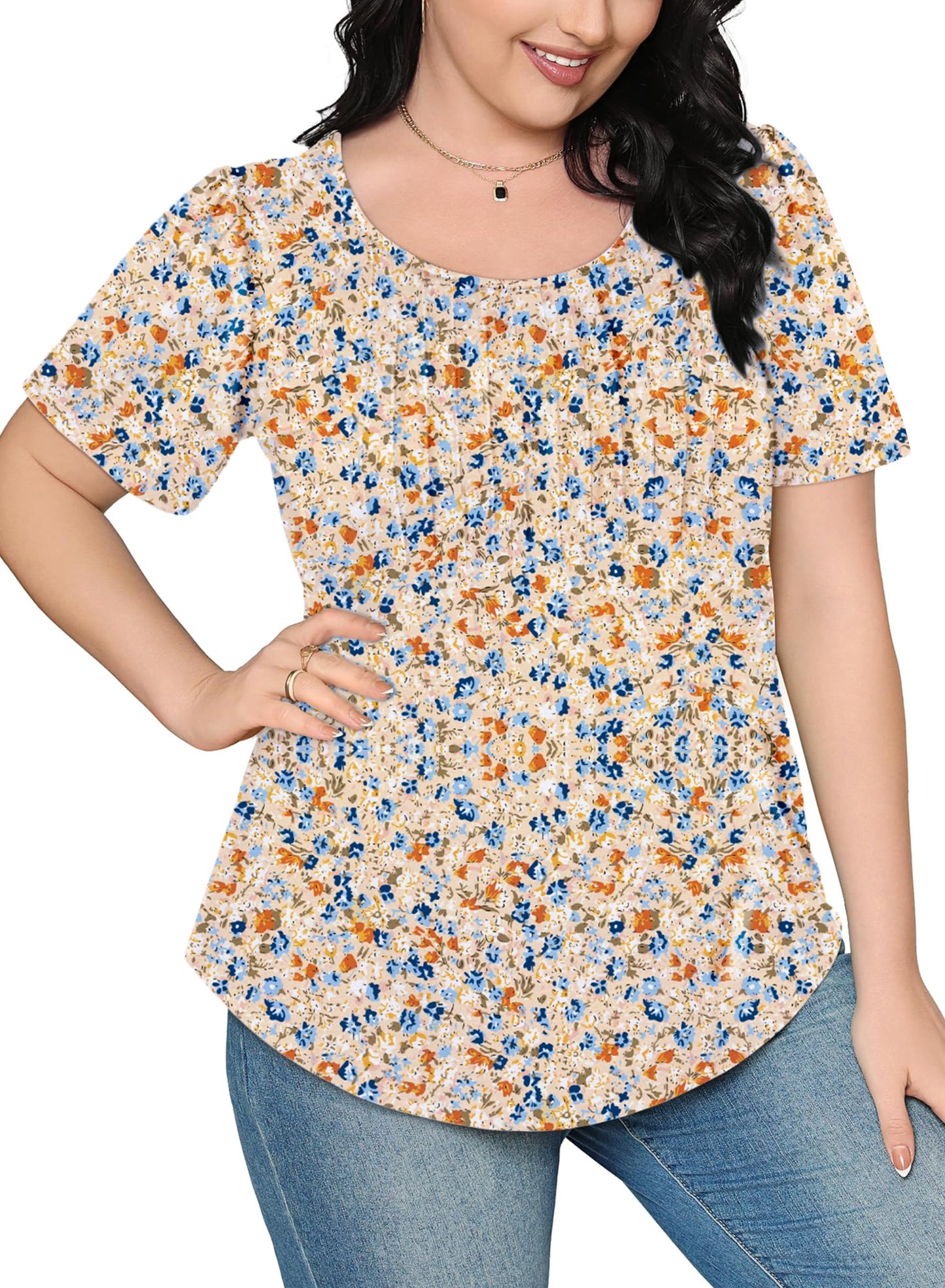 Cuptacc Tshirt Damen Rundhals Mit Falten Locker Puffärmel T-Shirt Elegant Kurzarm Geblümt/Einfarbig Top Damen