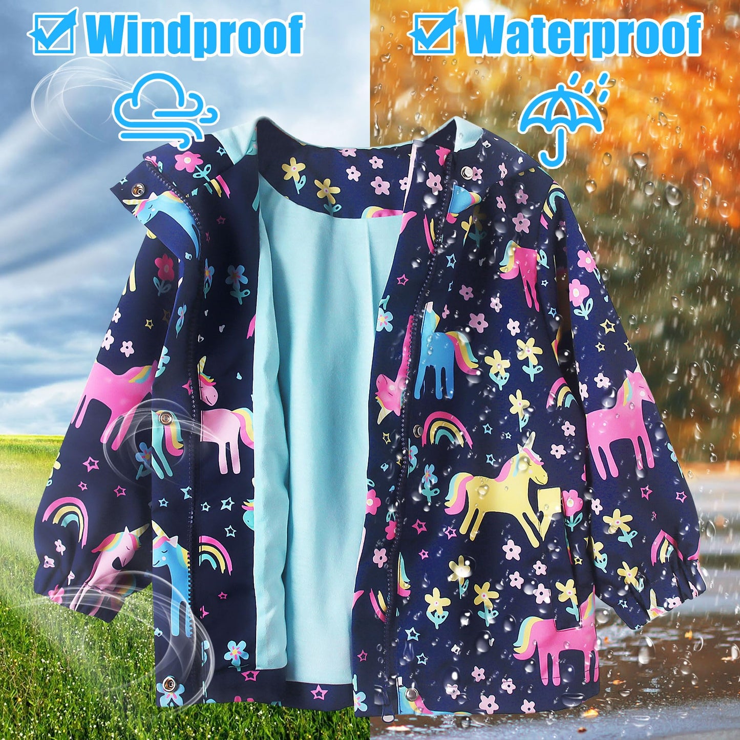 JinBei Children's Waterproof Jacket Children's Hooded Coat Windproof Jackets Long Sleeve Jacket Outdoor Lightweight Zip Coat for Boys & Girls Size 98-134