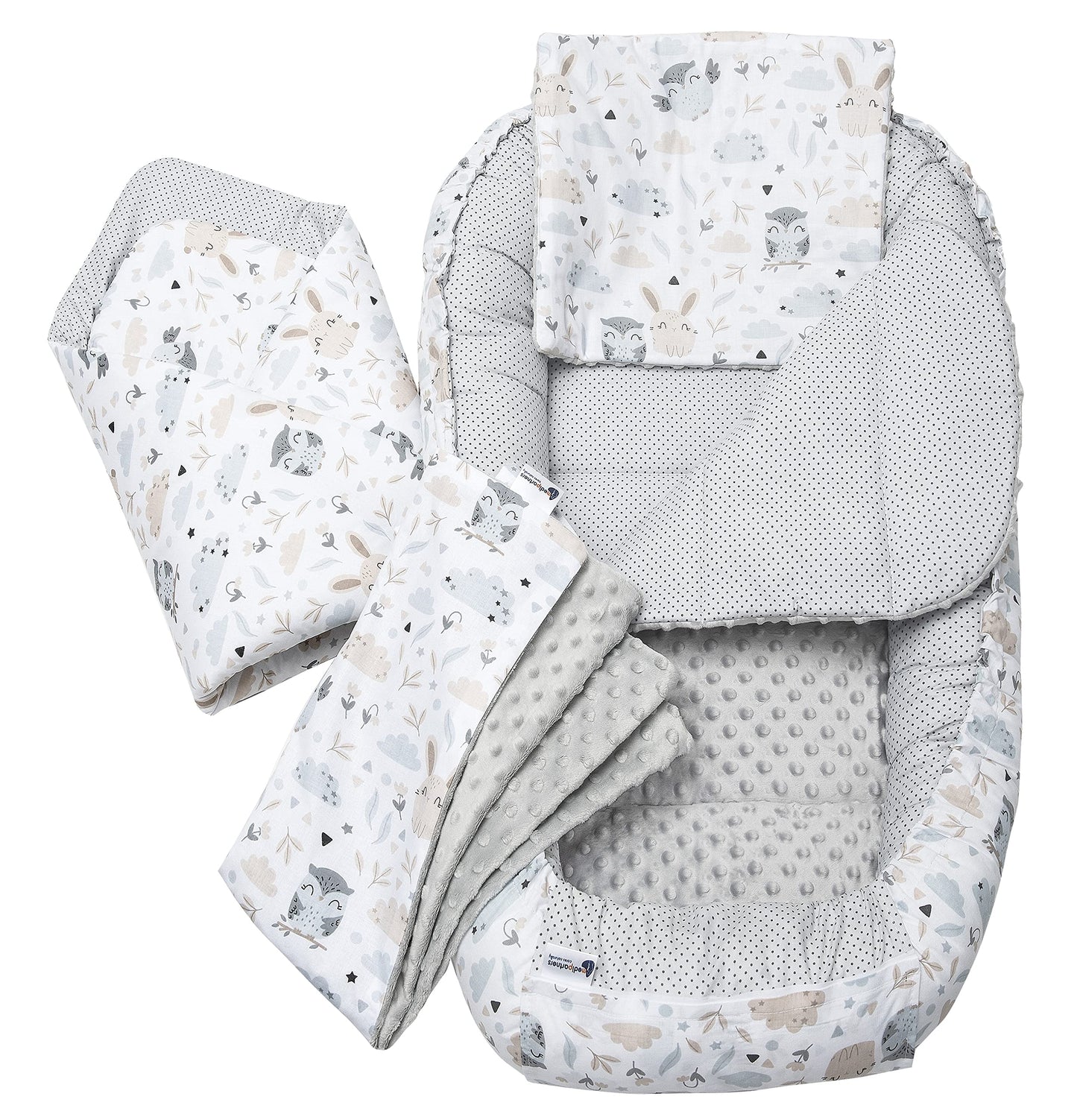 Medi Partners Babynest Nestchen Baby Set für Neugeborene - 100x60x15 Kuschelnest 5 teilig tragbar Nest zweiseitig Babynestchen Bett 100% Baumwolle (Lichtung mit grauem Minky)