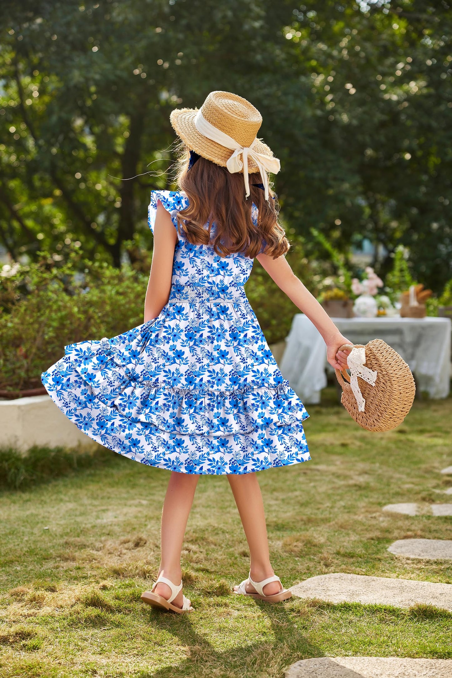 Arshiner Mädchen Kleider Flatterärmel Kinder Sommer Baumwolle Festliche Kleid A-Linie Taille Einschnüren Freizeitkleid Swingkleid Elegant ärmelloses Kleid für Mädchen 5-13 Jahre