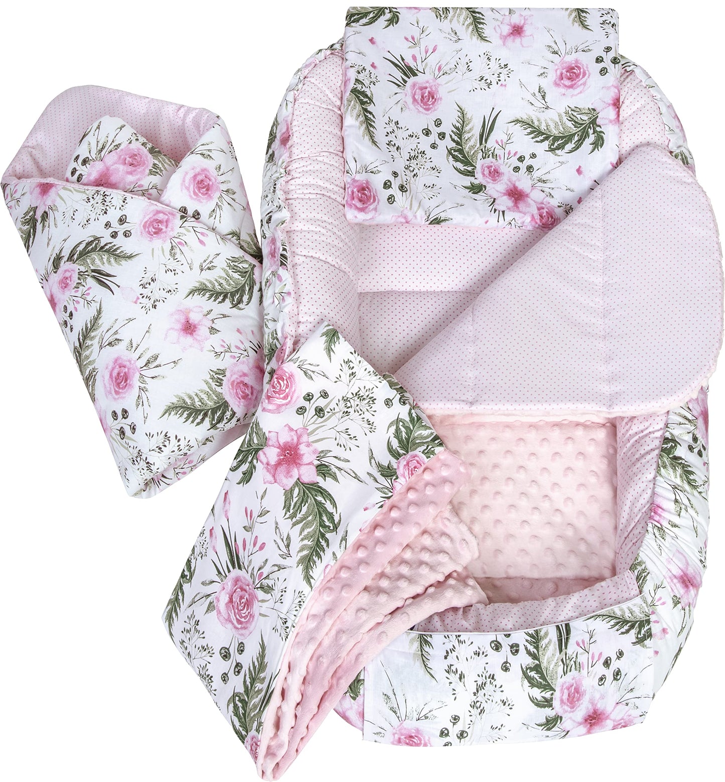 Medi Partners Babynest Nestchen Baby Set für Neugeborene - 100x60x15 Kuschelnest 5 teilig tragbar Nest zweiseitig Babynestchen Bett 100% Baumwolle (Lichtung mit grauem Minky)