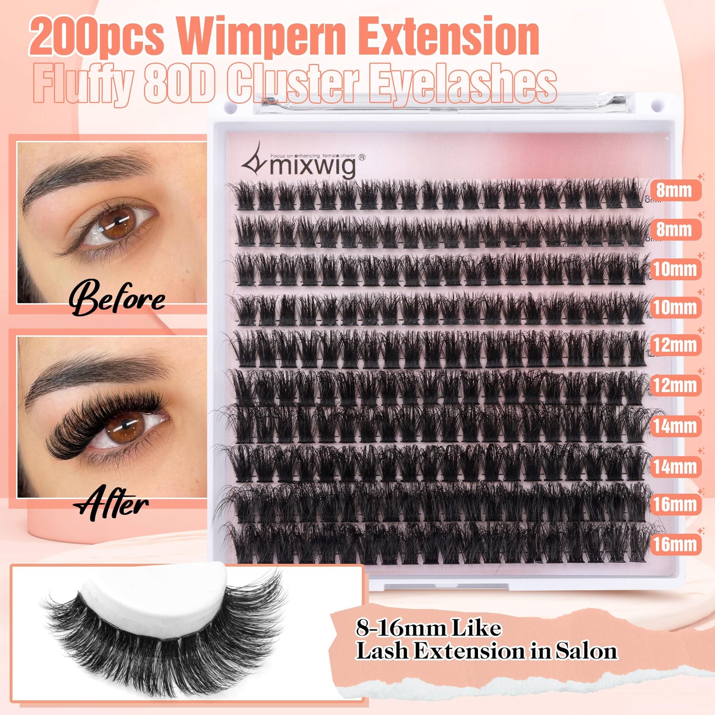 Wimpern Extensions Set Künstliche Wimpern Natürliche DIY Wimpernverlängerung Cluster Wimpern 16MM Individuelle Lashes Kit 40D Nerz Wimpern Fluffy mit Lash Bond und Seal Lash Tweezers