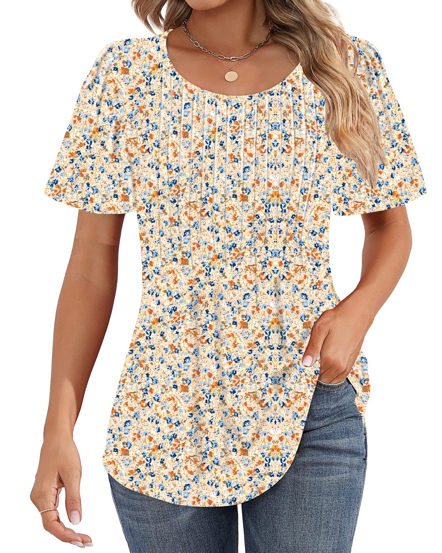 Cuptacc Tshirt Damen Rundhals Mit Falten Locker Puffärmel T-Shirt Elegant Kurzarm Geblümt/Einfarbig Top Damen