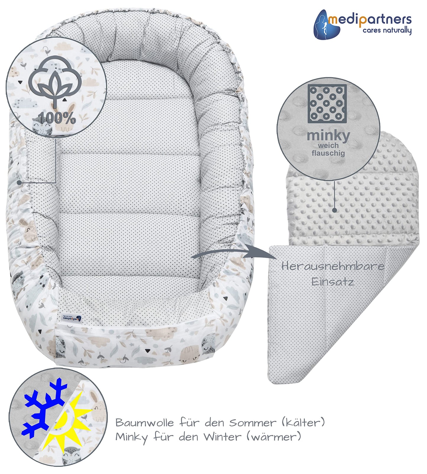 Medi Partners Babynest Nestchen Baby Set für Neugeborene - 100x60x15 Kuschelnest 5 teilig tragbar Nest zweiseitig Babynestchen Bett 100% Baumwolle (Lichtung mit grauem Minky)