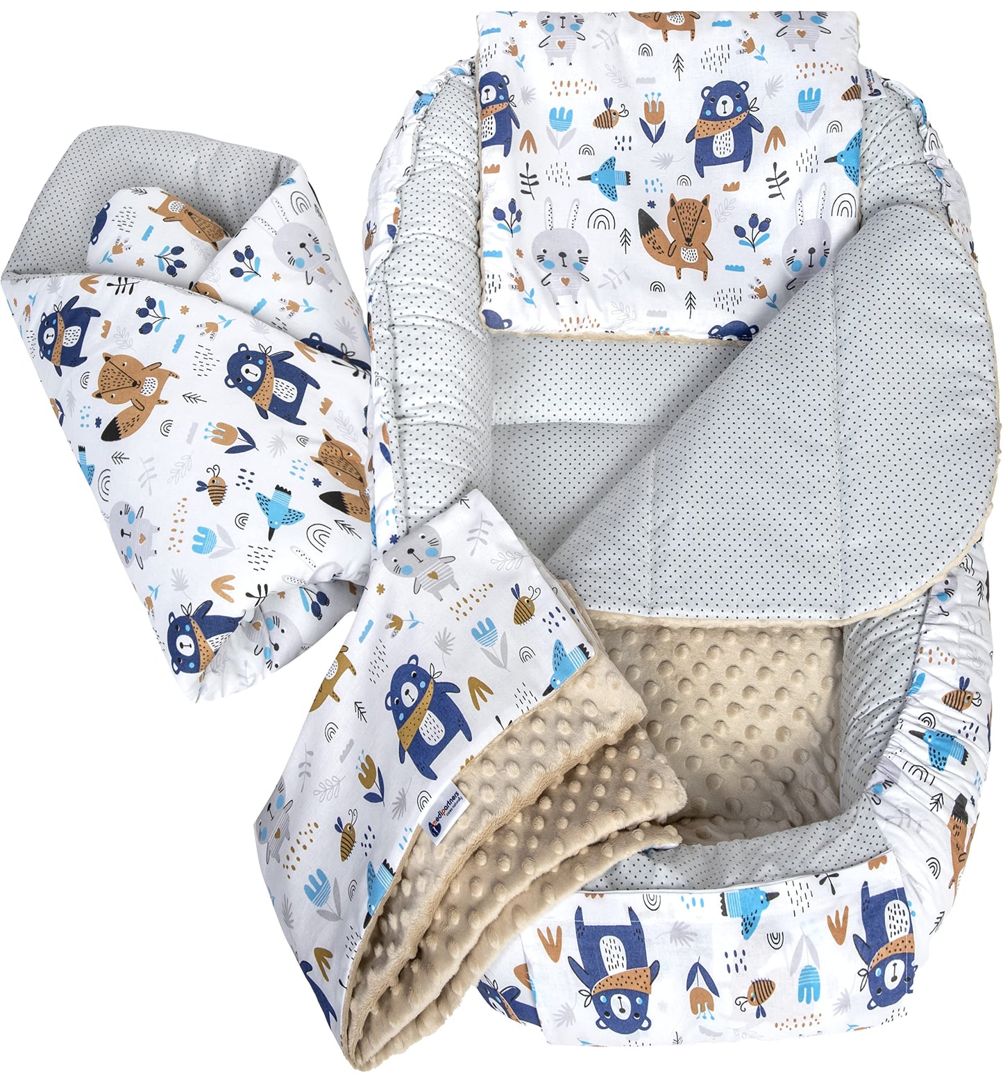 Medi Partners Babynest Nestchen Baby Set für Neugeborene - 100x60x15 Kuschelnest 5 teilig tragbar Nest zweiseitig Babynestchen Bett 100% Baumwolle (Lichtung mit grauem Minky)