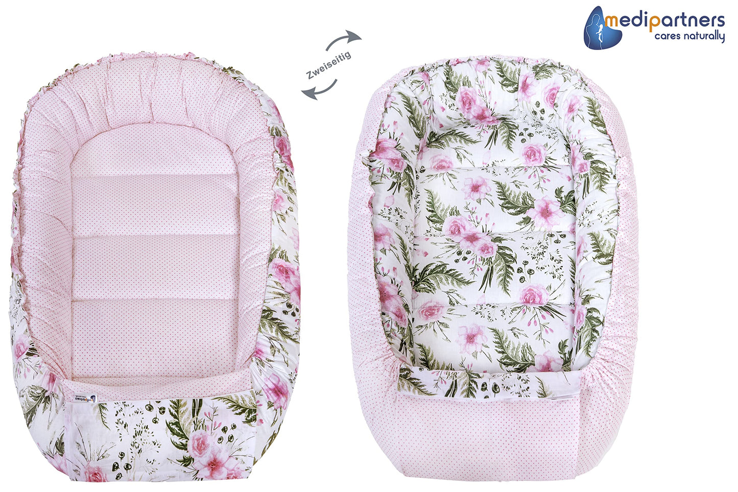Medi Partners Babynest Nestchen Baby Set für Neugeborene - 100x60x15 Kuschelnest 5 teilig tragbar Nest zweiseitig Babynestchen Bett 100% Baumwolle (Lichtung mit grauem Minky)