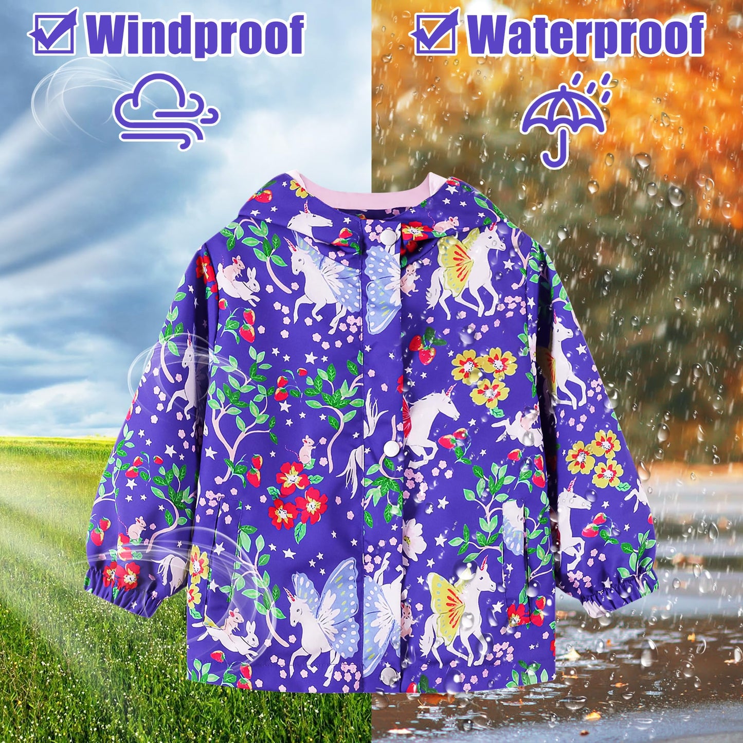JinBei Children's Waterproof Jacket Children's Hooded Coat Windproof Jackets Long Sleeve Jacket Outdoor Lightweight Zip Coat for Boys & Girls Size 98-134