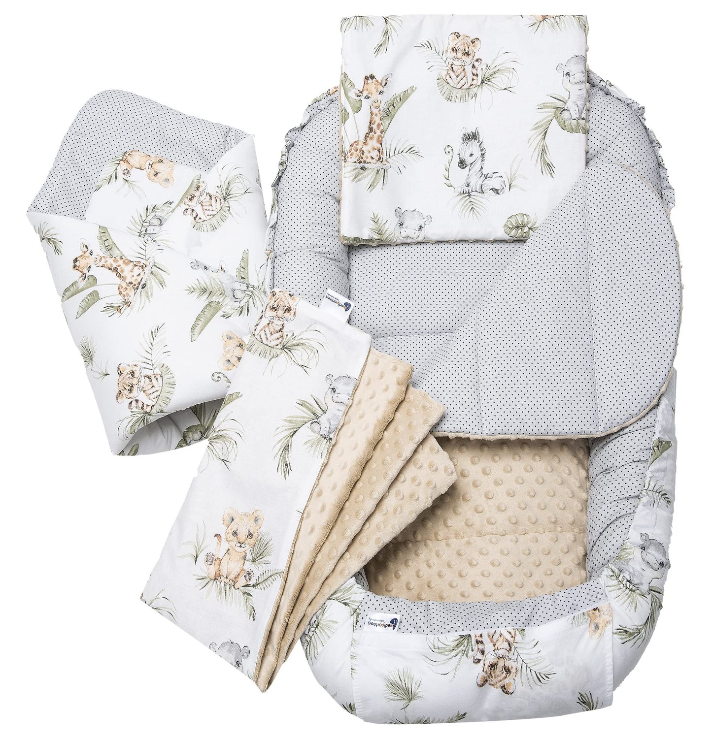 Medi Partners Babynest Nestchen Baby Set für Neugeborene - 100x60x15 Kuschelnest 5 teilig tragbar Nest zweiseitig Babynestchen Bett 100% Baumwolle (Lichtung mit grauem Minky)