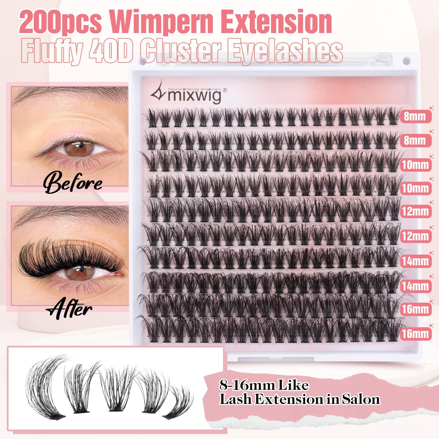 Wimpern Extensions Set Künstliche Wimpern Natürliche DIY Wimpernverlängerung Cluster Wimpern 16MM Individuelle Lashes Kit 40D Nerz Wimpern Fluffy mit Lash Bond und Seal Lash Tweezers