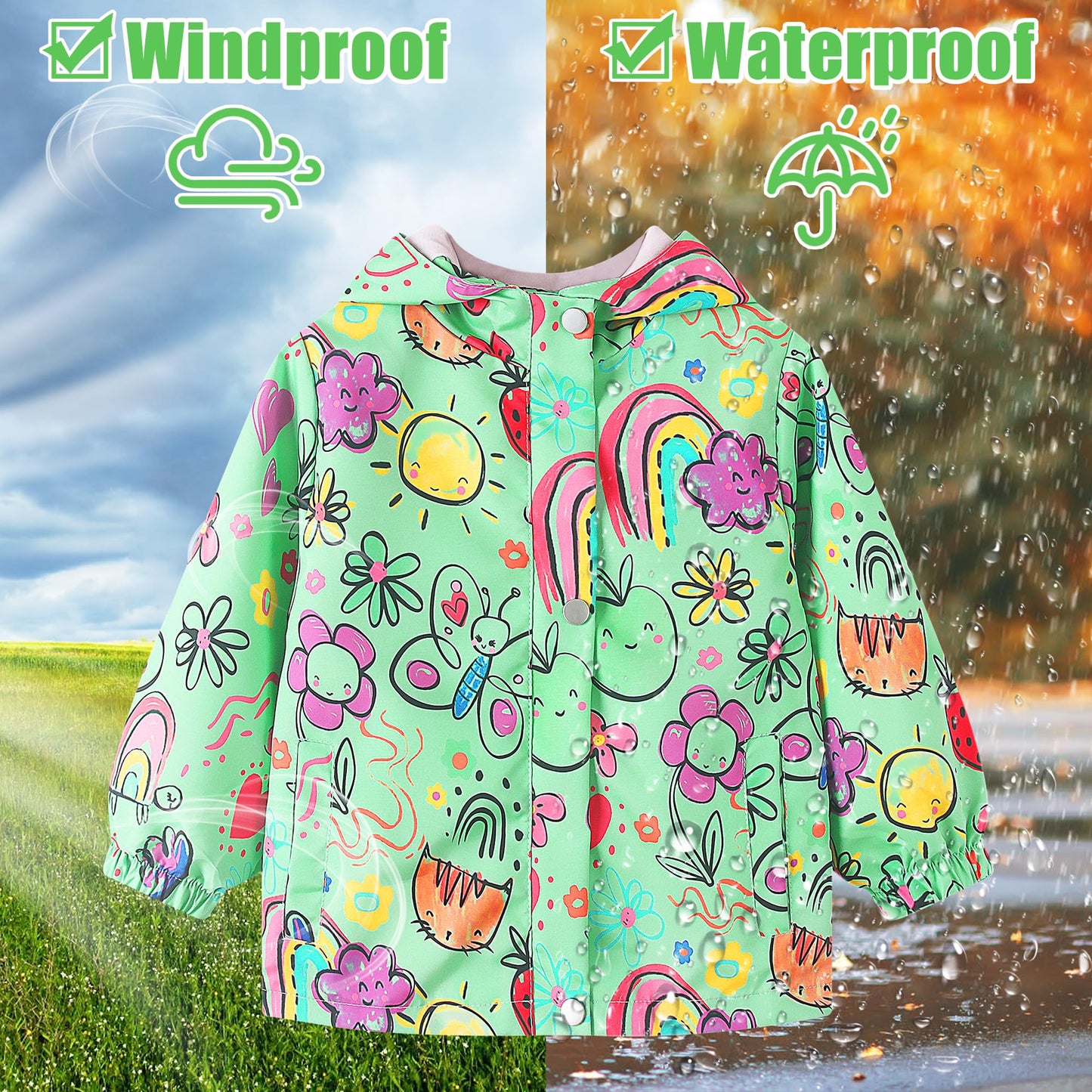 JinBei Children's Waterproof Jacket Children's Hooded Coat Windproof Jackets Long Sleeve Jacket Outdoor Lightweight Zip Coat for Boys & Girls Size 98-134