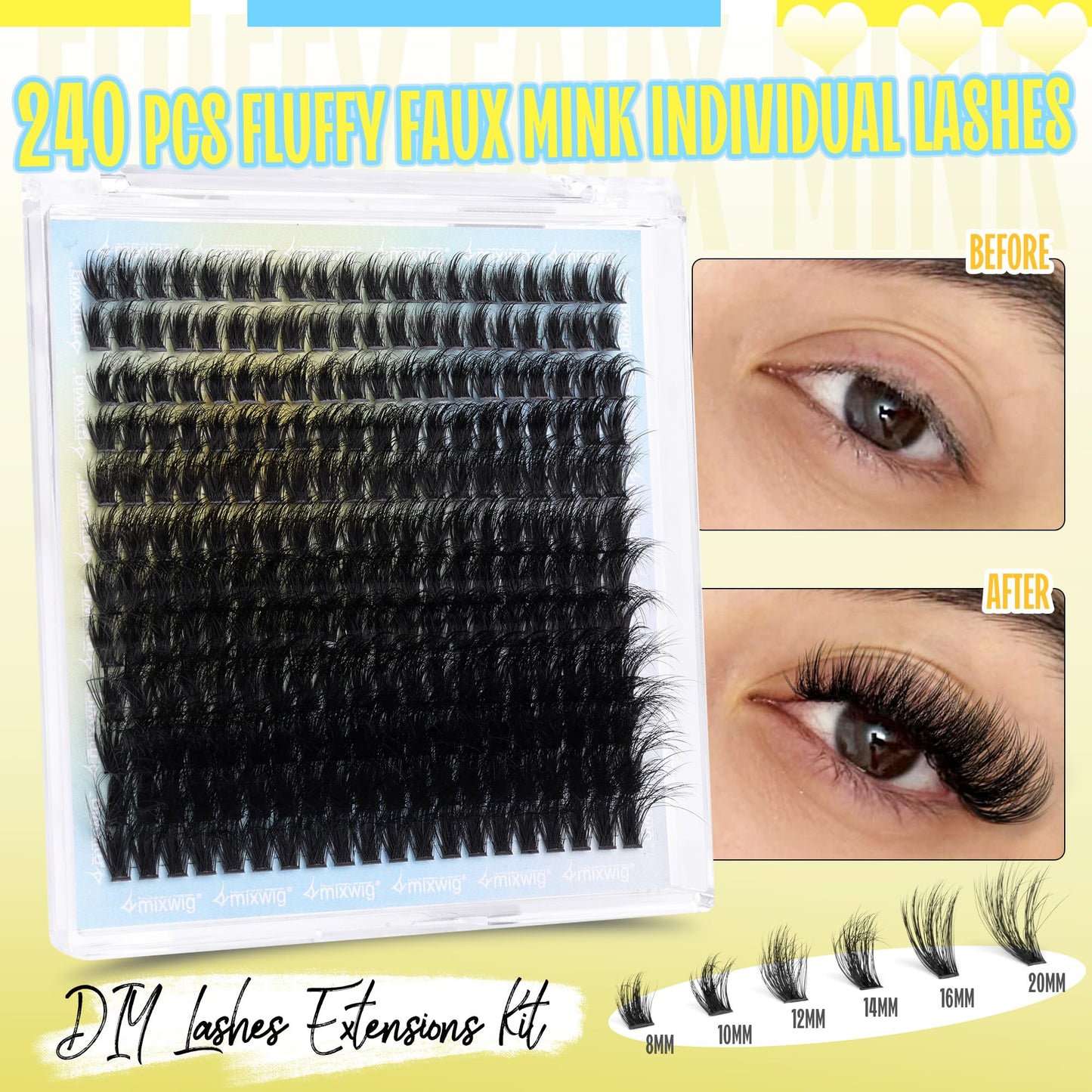 Wimpern Extensions Set Künstliche Wimpern Natürliche DIY Wimpernverlängerung Cluster Wimpern 16MM Individuelle Lashes Kit 40D Nerz Wimpern Fluffy mit Lash Bond und Seal Lash Tweezers