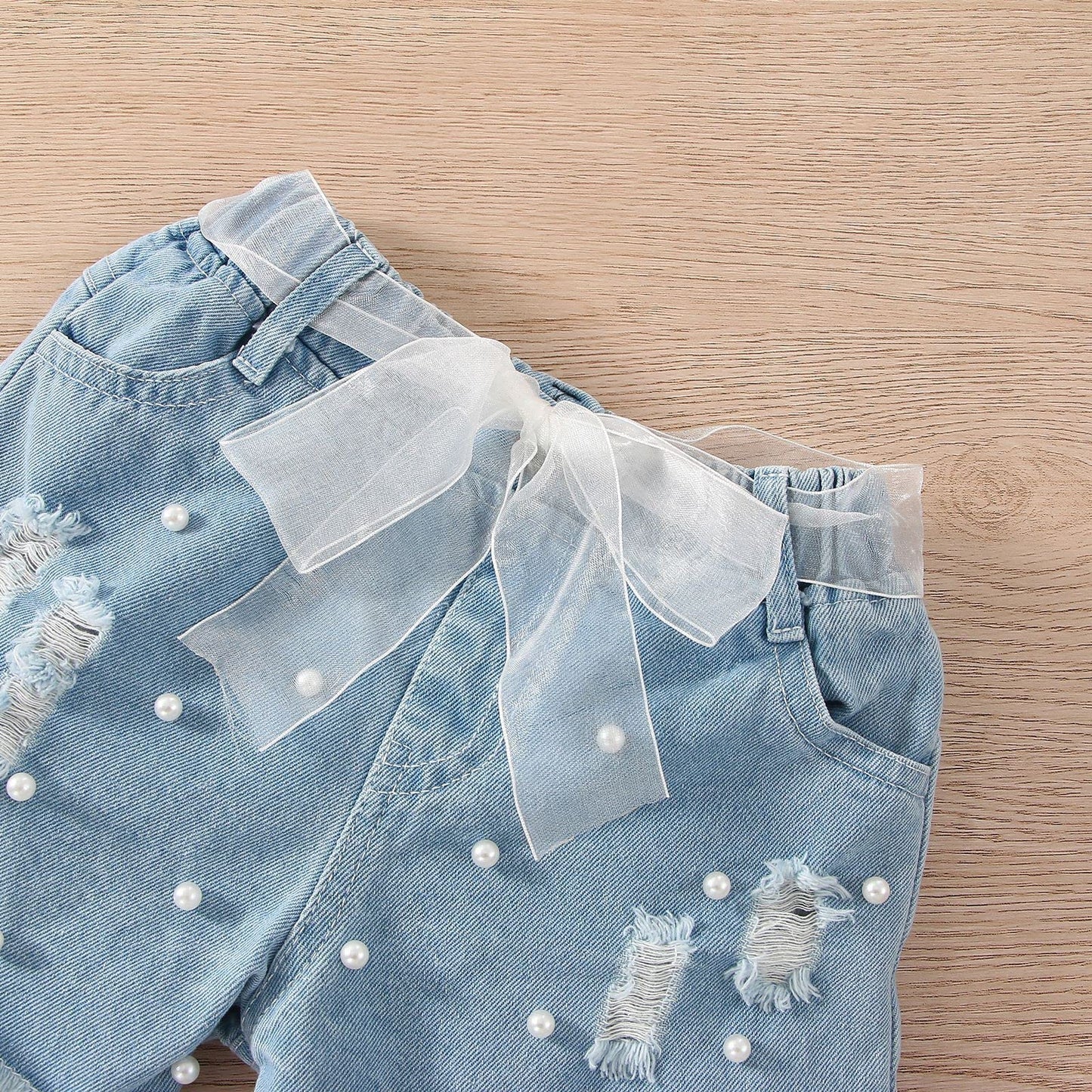 Kleinkind Kinder Baby Mädchen ärmellose Weste T-Shirt Tops Denim zerrissene Jeans Shorts 2er Set Sommer Outfits Kleid Baby Mädchen (White, 2-3 Years)
