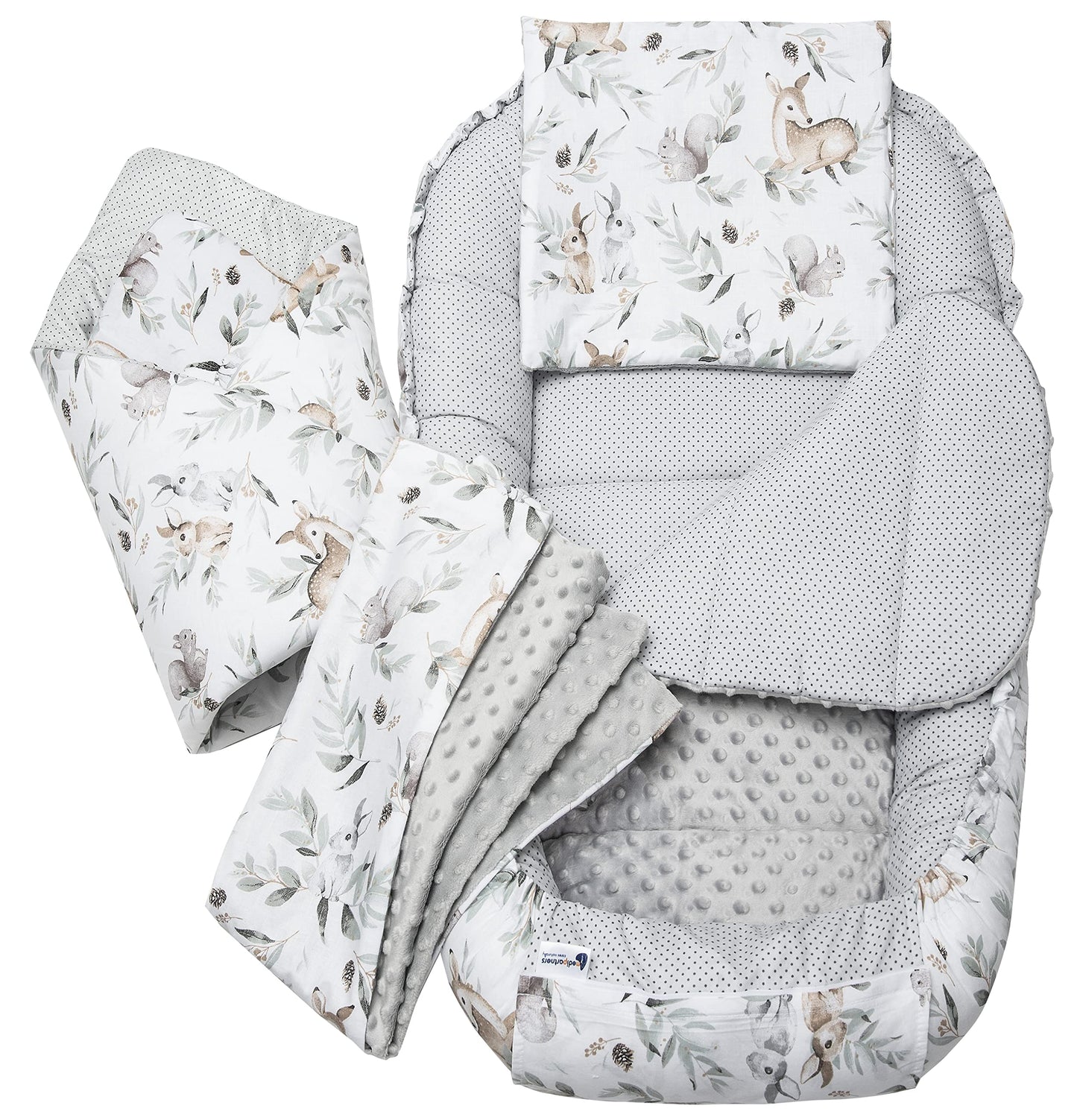 Medi Partners Babynest Nestchen Baby Set für Neugeborene - 100x60x15 Kuschelnest 5 teilig tragbar Nest zweiseitig Babynestchen Bett 100% Baumwolle (Lichtung mit grauem Minky)