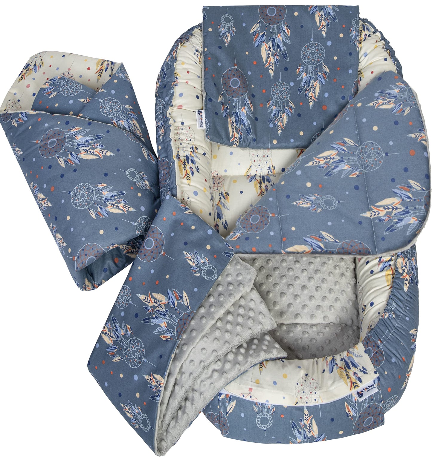 Medi Partners Babynest Nestchen Baby Set für Neugeborene - 100x60x15 Kuschelnest 5 teilig tragbar Nest zweiseitig Babynestchen Bett 100% Baumwolle (Lichtung mit grauem Minky)