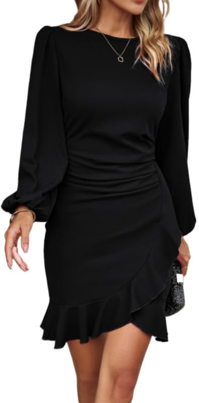 Haibang Damen Kleid Elegant Langarm Bodycon Rüschen Puffärmel Kurz Kleider Einfarbige Abendkleider Partykleid Vintage Freizeitkleid Rundhals Businesskleider Sexy Bleistiftkleid für Festlich Hochzeit