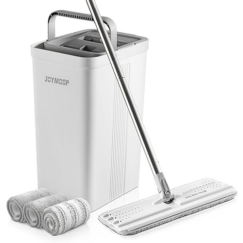 JOYMOOP Mop und Eimer mit Wringer Set, Hands Free Flat Floor Mop und Eimer, mit 5 waschbaren Mikrofaserpads, Nass- und Trockeneinsatz, Bodenreinigungssystem