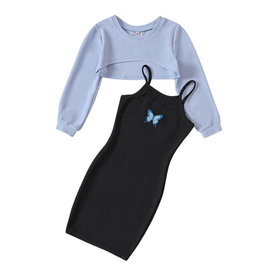 Zweiteiler Mädchen Bekleidungssets Outfit ärmelloses figurbetontes Cami Kleid & langärmliges Oberteil Crop Tops Sommer Teenager Mädchen Schmetterlings Kleider 122,128,134,140,146,152,158,164