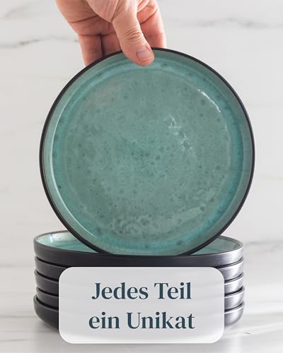 Steingut Frühstücksteller 6 Pers. Ibiza Hochwertiges Mediterranes TEST SEHR GUT Dessertteller Set - Kuchenteller spülmaschinen- und kratzfest - Kleine Teller, Salatteller Pure Living in Petrol