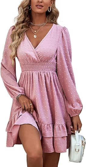 Vangreynve Damen Minikleid V-Ausschnitt A-Linie Kleider Elegant Hohe Taille Langarm Freizeitkleid