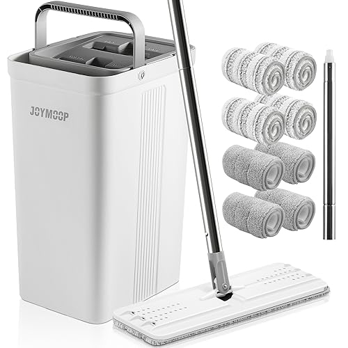 JOYMOOP Mop und Eimer mit Wringer Set, Hands Free Flat Floor Mop und Eimer, mit 5 waschbaren Mikrofaserpads, Nass- und Trockeneinsatz, Bodenreinigungssystem