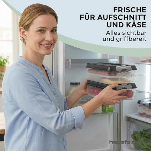 Hausfelder Cold Cut Boxes for Sausage and Cheese, 3 x 1.5 L + 2 x 2.3 L + 5 x Lids, Fridge Organiser, Stackable Cold Food Containers, Sausage Canisters Cheese Containers Set with Lid