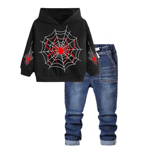 Boys Jumper Hoodie and Denim Jeans Outfit Set 2 Pieces Spider Web Sweatshirt and Pants for Kids 3-10 Years