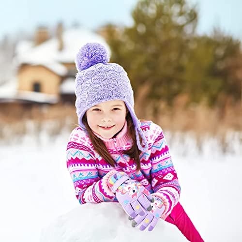 Children's Winter Ski Gloves Waterproof Snowboard Gloves Non-Slip Plush Lined Warm Unicorn Gloves for Girls Boys 2-9 Years Old