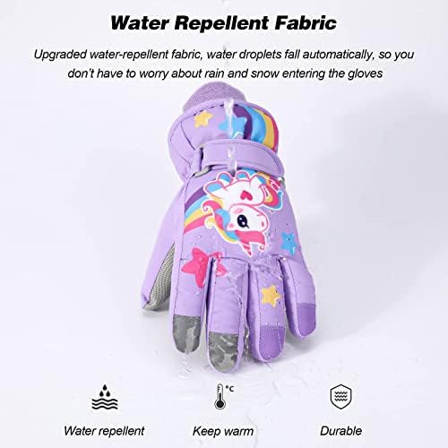 Children's Winter Ski Gloves Waterproof Snowboard Gloves Non-Slip Plush Lined Warm Unicorn Gloves for Girls Boys 2-9 Years Old