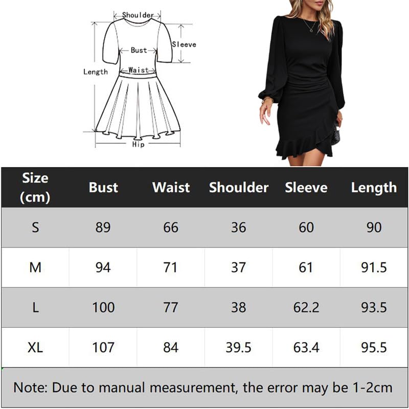 Haibang Damen Kleid Elegant Langarm Bodycon Rüschen Puffärmel Kurz Kleider Einfarbige Abendkleider Partykleid Vintage Freizeitkleid Rundhals Businesskleider Sexy Bleistiftkleid für Festlich Hochzeit