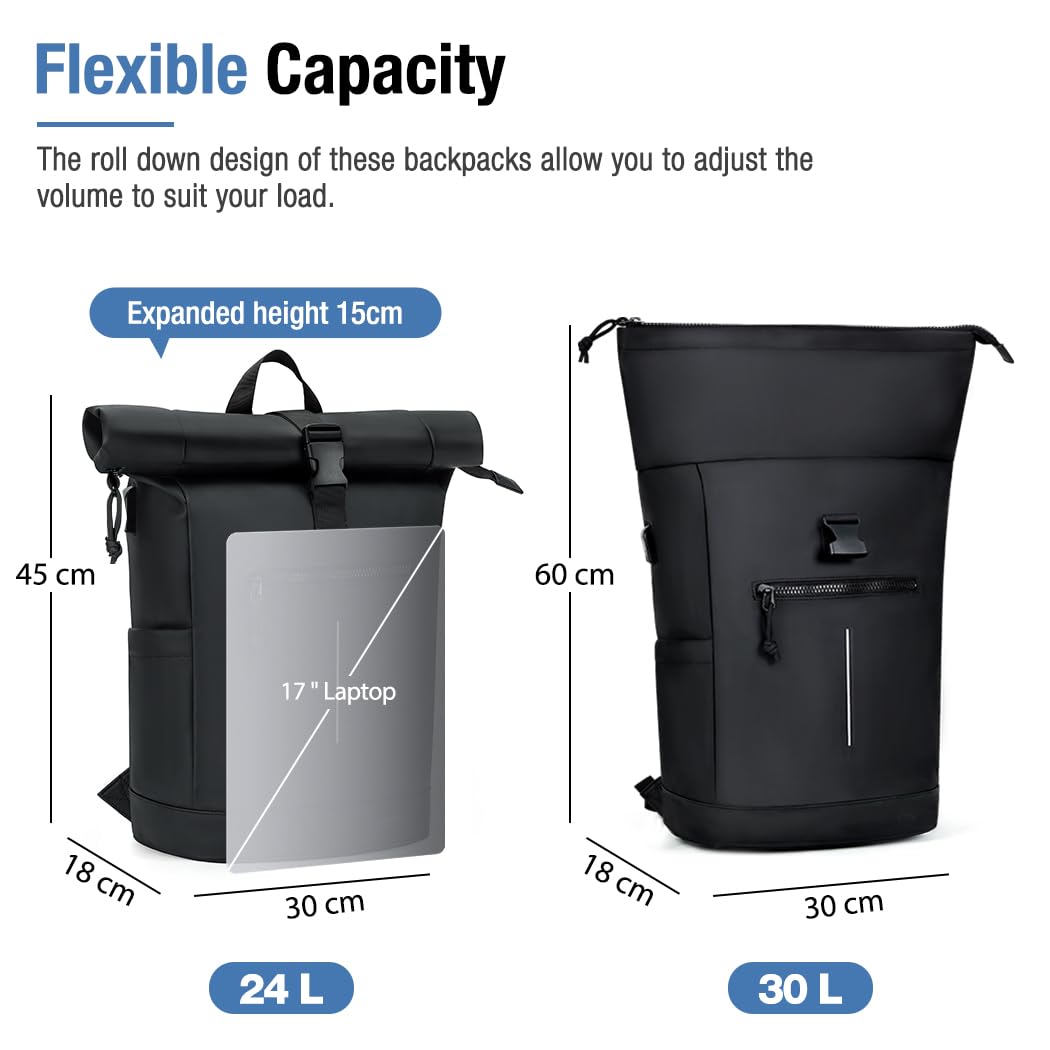 Lekeinchi Rolltop Rucksack Wasserdicht für Damen & Herren, Großer Laptop Rucksack mit Computerfach für 17 Zoll Laptop, Elegant Reiserucksack Daypack für Reisen, Radfahren, Uni Schule, Arbeit-Blau