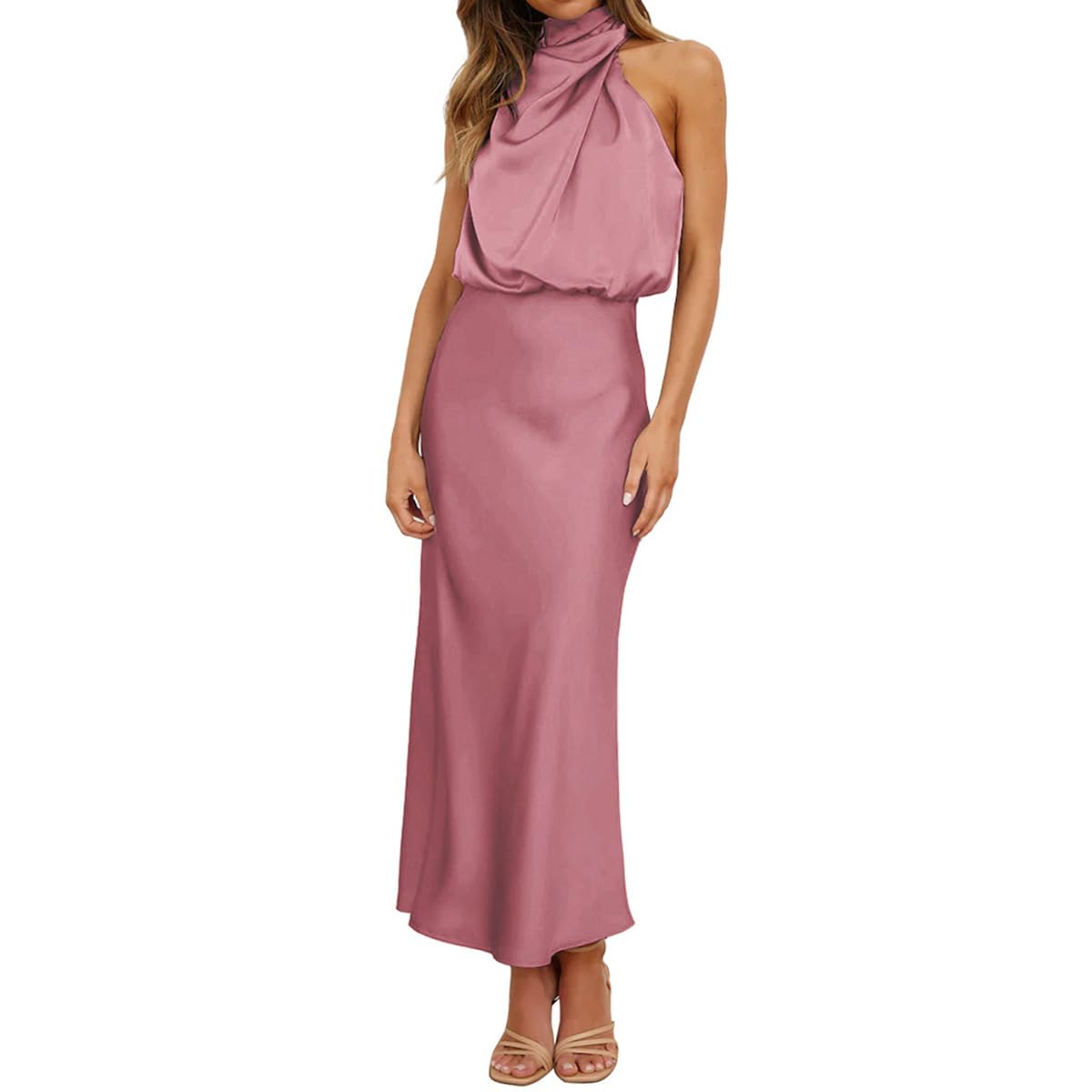 Odizli Damen Elegant Ärmellos Neckholder Satin Sommer Hochzeit Lang Abendkleider