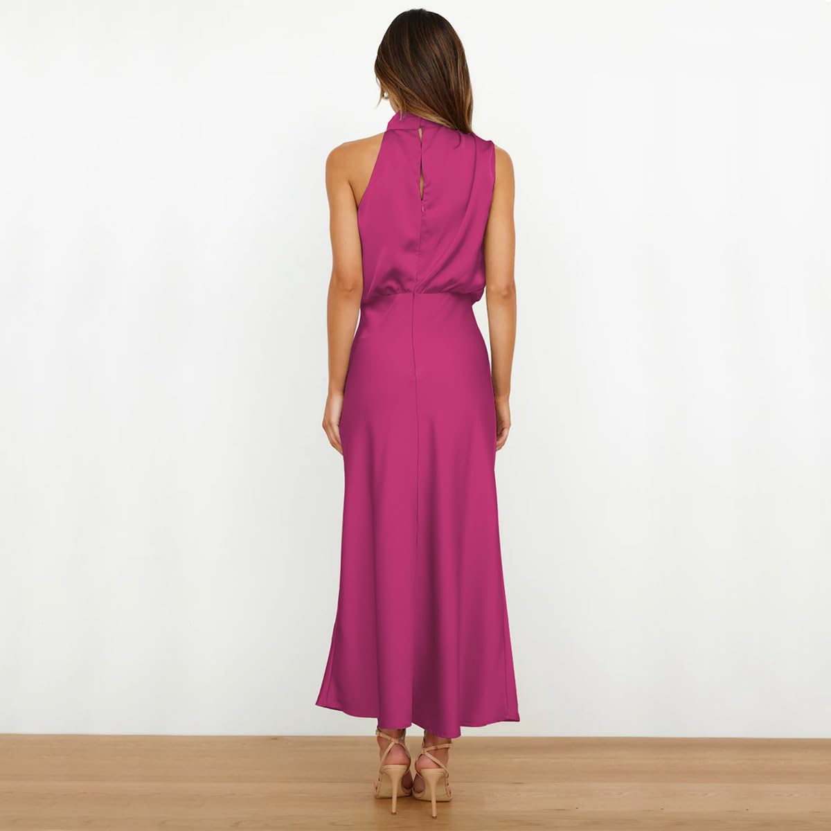 Odizli Damen Elegant Ärmellos Neckholder Satin Sommer Hochzeit Lang Abendkleider