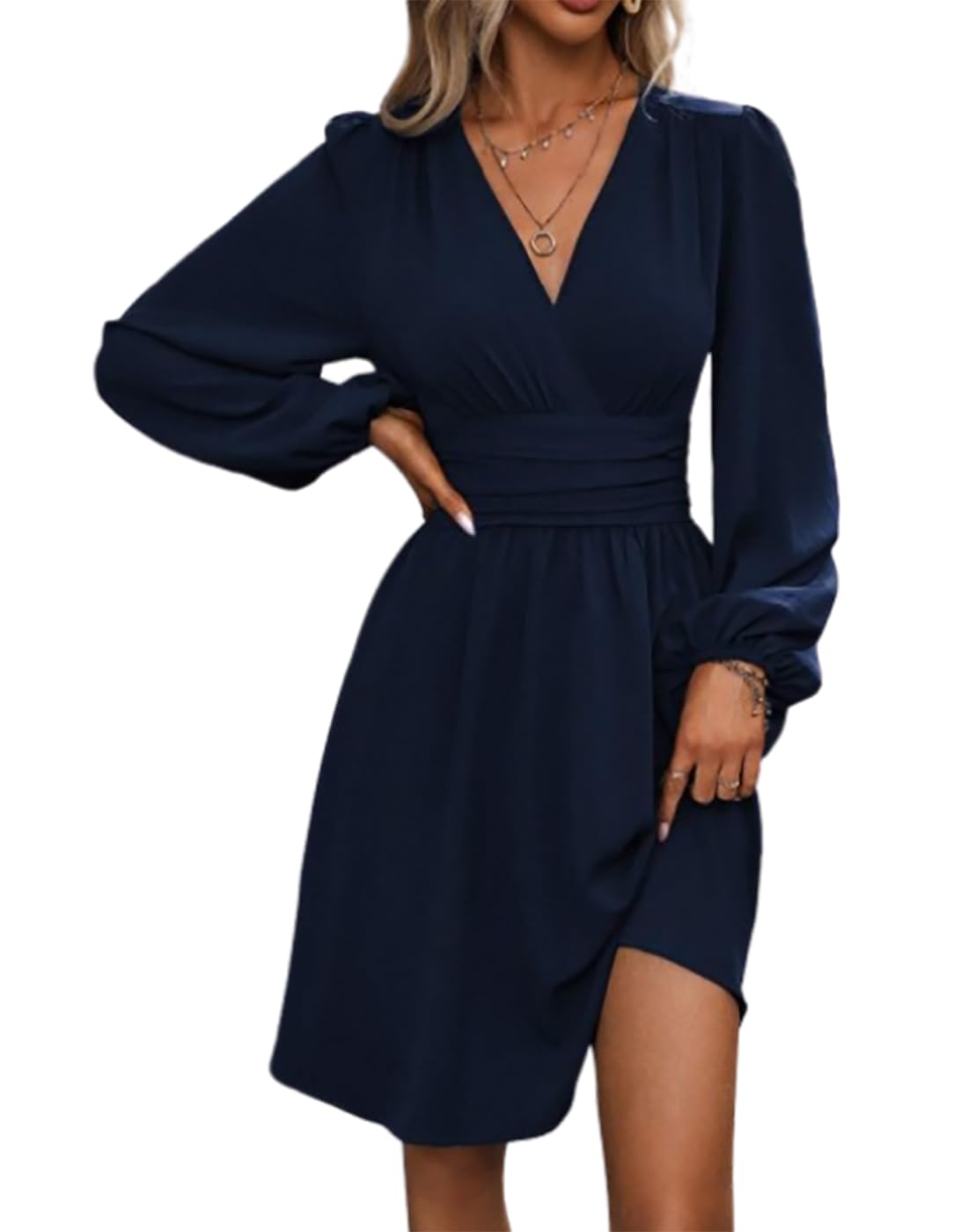 Vangreynve Damen Minikleid V-Ausschnitt A-Linie Kleider Elegant Hohe Taille Langarm Freizeitkleid