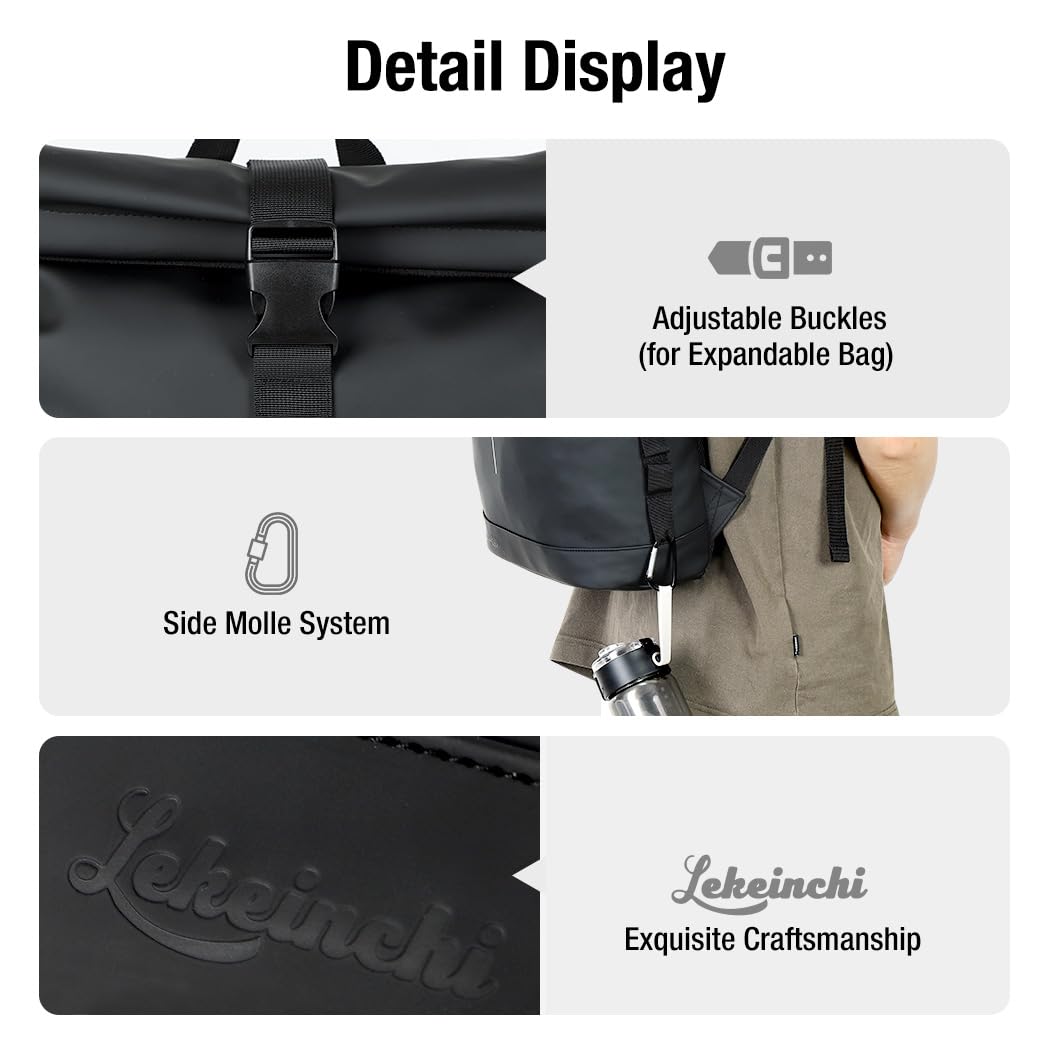 Lekeinchi Rolltop Rucksack Wasserdicht für Damen & Herren, Großer Laptop Rucksack mit Computerfach für 17 Zoll Laptop, Elegant Reiserucksack Daypack für Reisen, Radfahren, Uni Schule, Arbeit-Blau