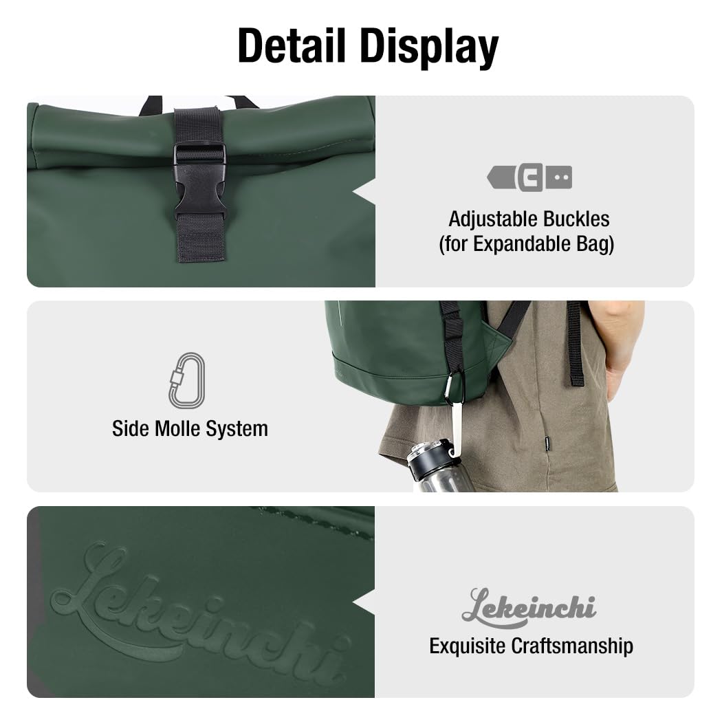 Lekeinchi Rolltop Rucksack Wasserdicht für Damen & Herren, Großer Laptop Rucksack mit Computerfach für 17 Zoll Laptop, Elegant Reiserucksack Daypack für Reisen, Radfahren, Uni Schule, Arbeit-Blau