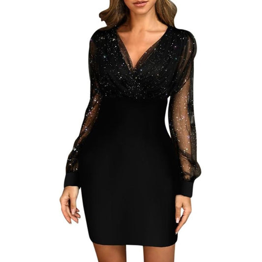 Mini Langarm Kleid Damen Elegante Pailletten Kleid Kurze Eng Spitzen Kleider Abendkleid Damen Figurbetontes Lange Ärmel Partykleid Moden Hohe Taille Wickelkleider