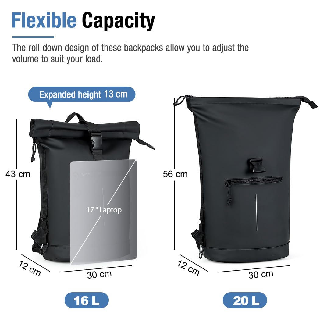 Lekeinchi Rolltop Rucksack Wasserdicht für Damen & Herren, Großer Laptop Rucksack mit Computerfach für 17 Zoll Laptop, Elegant Reiserucksack Daypack für Reisen, Radfahren, Uni Schule, Arbeit-Blau