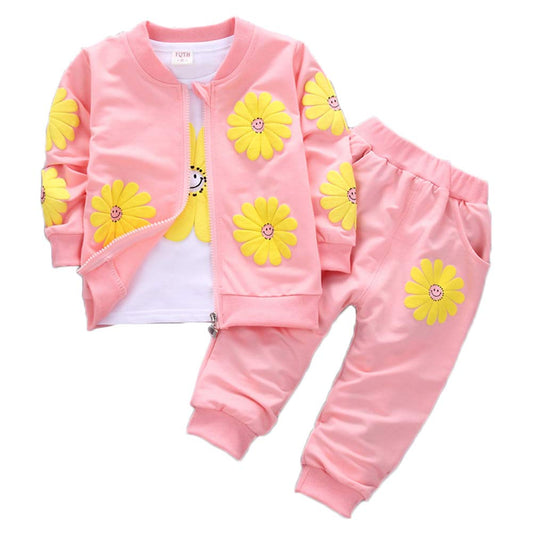 Yao 1-5 Jahre Kleinkind & kleine Mädchen Blumen drucken 3-teilige Sets Reißverschluss Jacke Langarm Rundhals T-Shirt und Hose