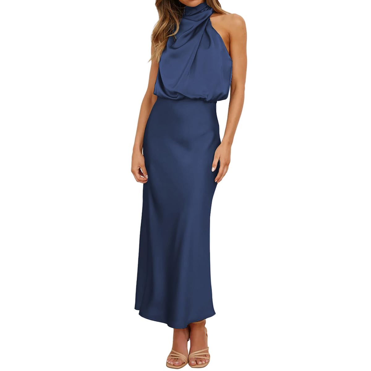 Odizli Damen Elegant Ärmellos Neckholder Satin Sommer Hochzeit Lang Abendkleider