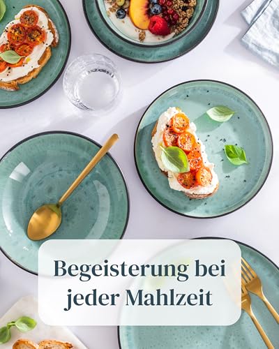 Steingut Frühstücksteller 6 Pers. Ibiza Hochwertiges Mediterranes TEST SEHR GUT Dessertteller Set - Kuchenteller spülmaschinen- und kratzfest - Kleine Teller, Salatteller Pure Living in Petrol