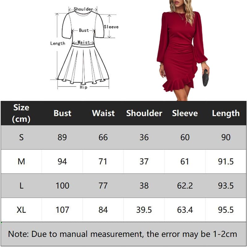 Haibang Damen Kleid Elegant Langarm Bodycon Rüschen Puffärmel Kurz Kleider Einfarbige Abendkleider Partykleid Vintage Freizeitkleid Rundhals Businesskleider Sexy Bleistiftkleid für Festlich Hochzeit