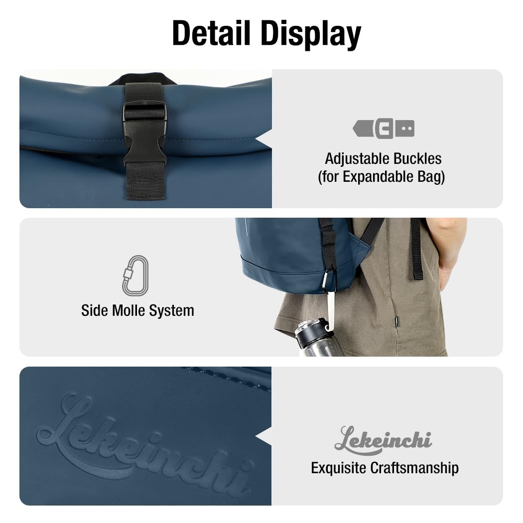 Lekeinchi Rolltop Rucksack Wasserdicht für Damen & Herren, Großer Laptop Rucksack mit Computerfach für 17 Zoll Laptop, Elegant Reiserucksack Daypack für Reisen, Radfahren, Uni Schule, Arbeit-Blau