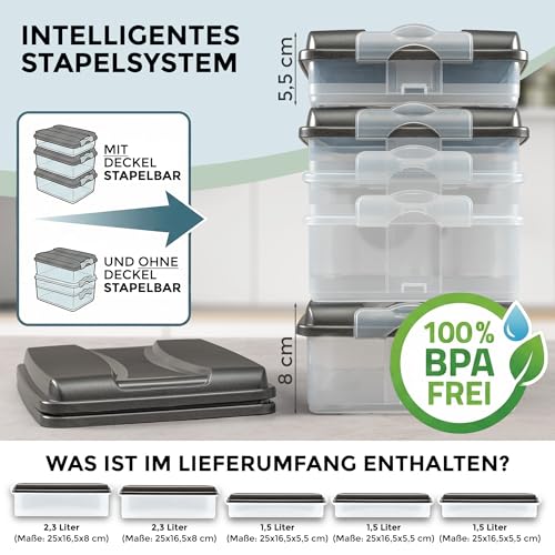 Hausfelder Cold Cut Boxes for Sausage and Cheese, 3 x 1.5 L + 2 x 2.3 L + 5 x Lids, Fridge Organiser, Stackable Cold Food Containers, Sausage Canisters Cheese Containers Set with Lid